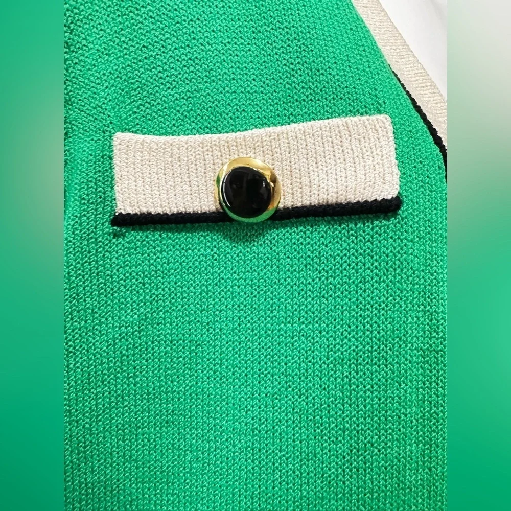 St. John Collection Long Green/Black Gold Buttons Open Front Cardigan Sz L P-38